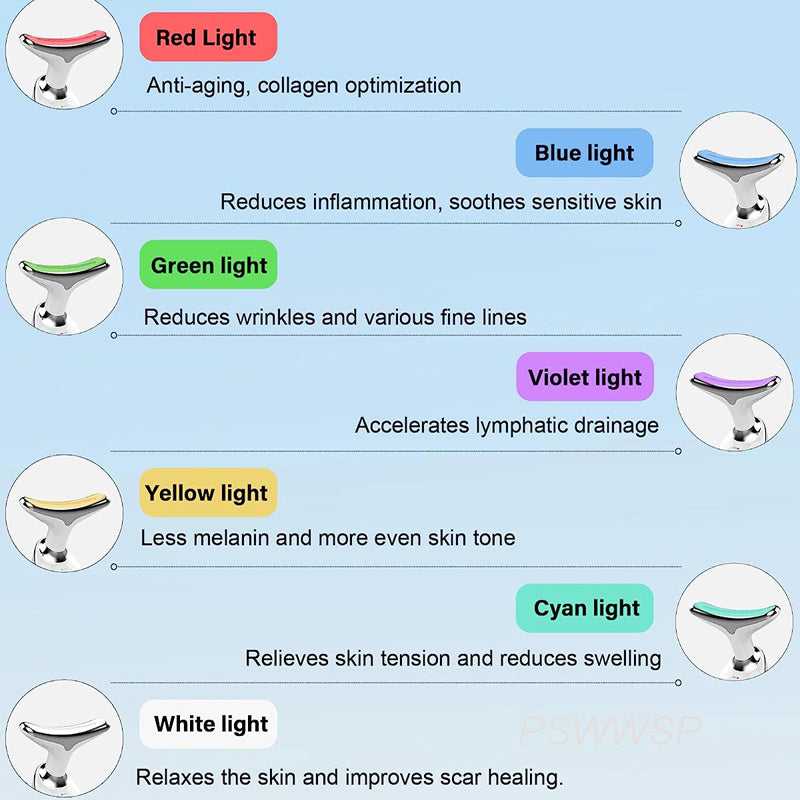 Masseur Visage & Cou LED 7 Couleurs – Raffermissant, Anti-Âge & Éclat – Soin Maison pour Peau Liftée
