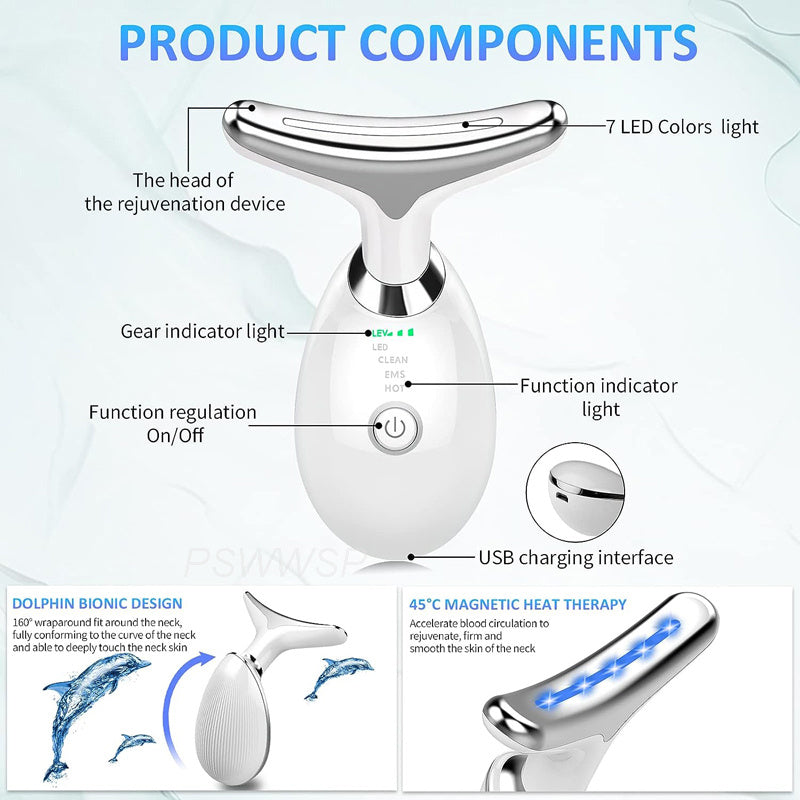 Masseur Visage & Cou LED 7 Couleurs – Raffermissant, Anti-Âge & Éclat – Soin Maison pour Peau Liftée
