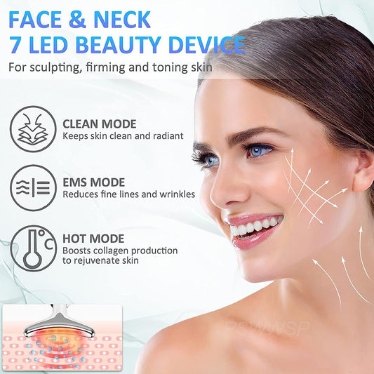 Masseur Visage & Cou LED 7 Couleurs – Raffermissant, Anti-Âge & Éclat – Soin Maison pour Peau Liftée